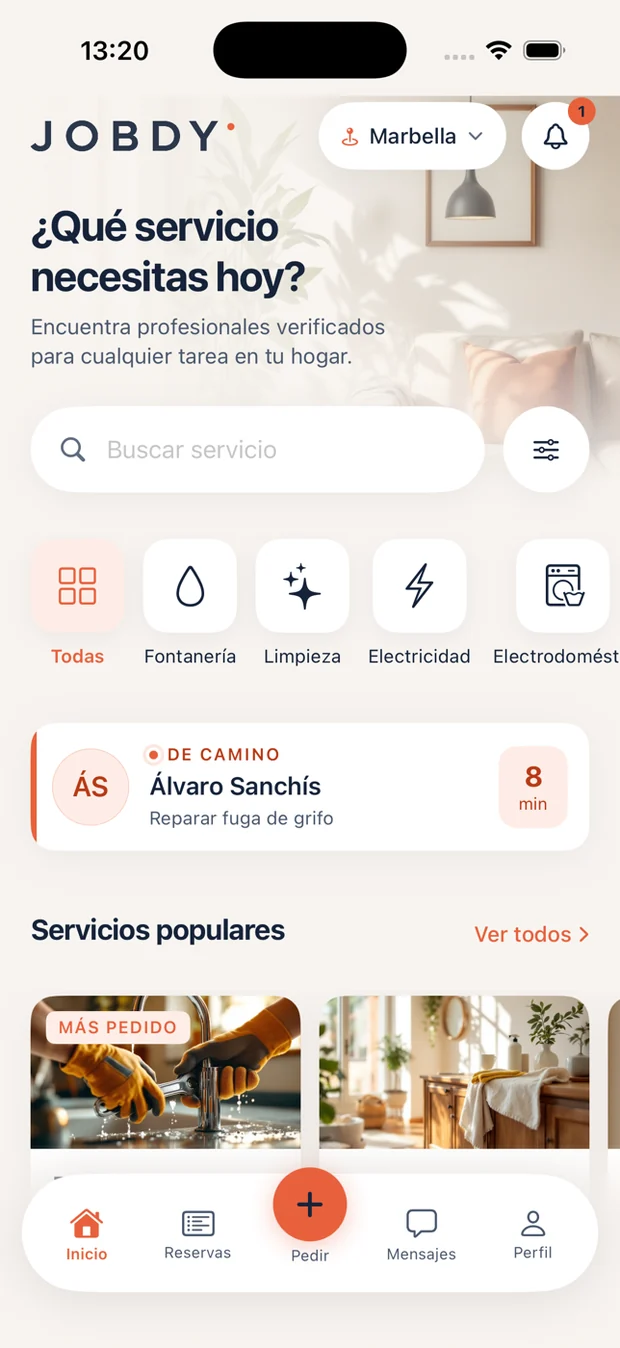 Pantalla de inicio de Jobdy con los servicios del hogar