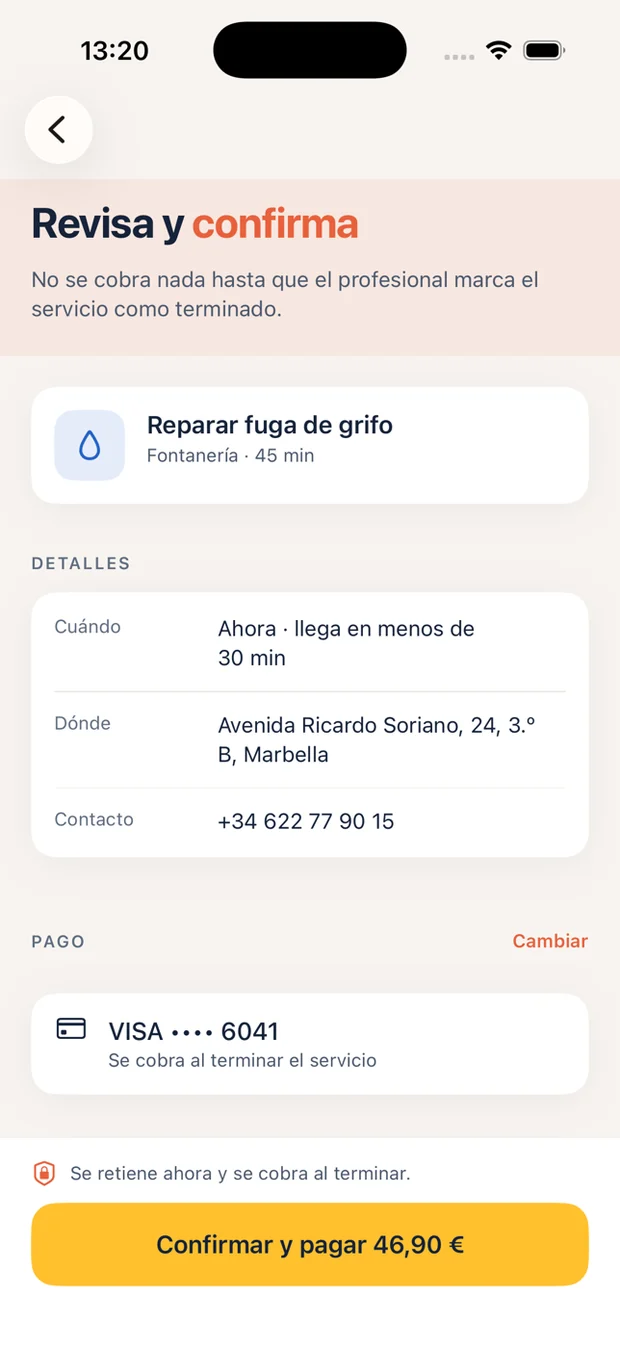 Resumen del servicio con el precio cerrado antes de aceptar