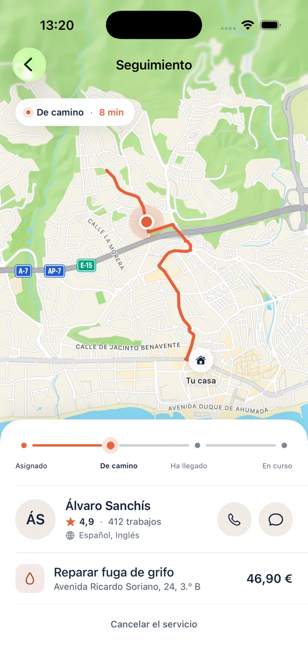 Profesional de camino, seguido en el mapa