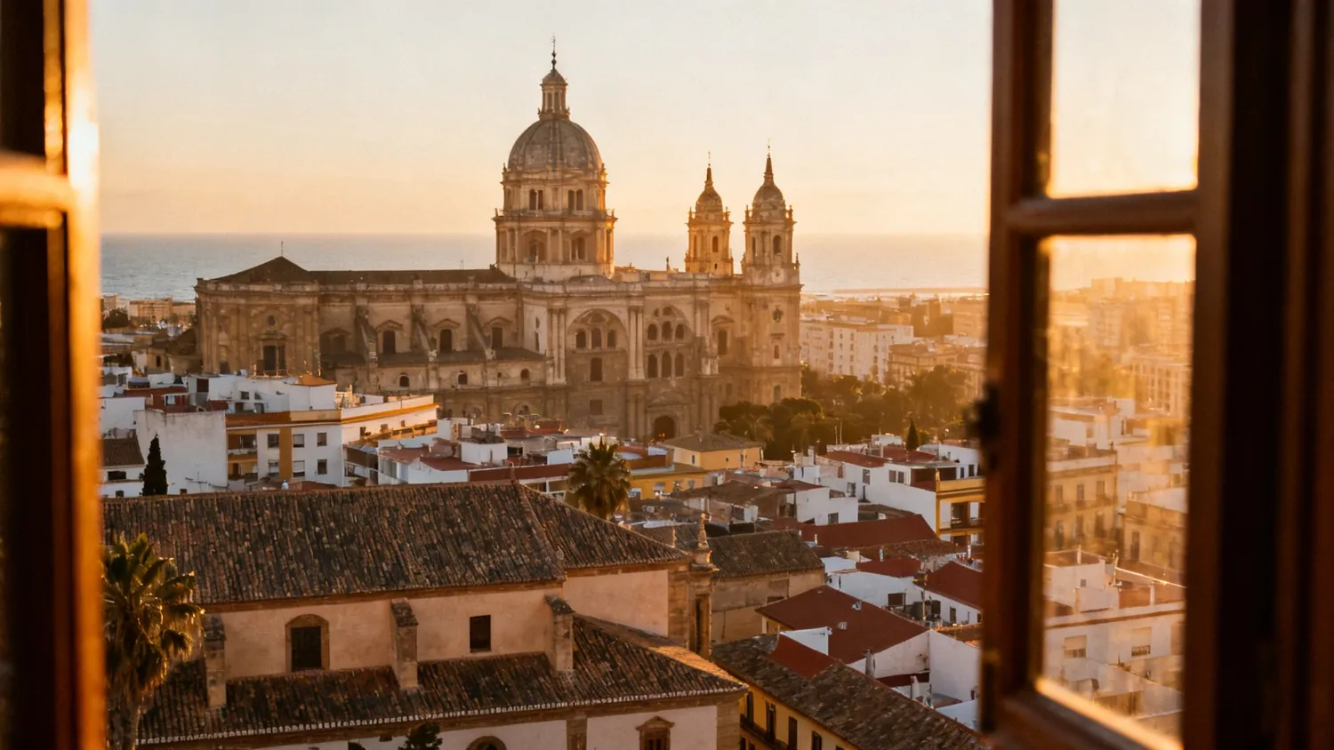 Vista de Málaga al atardecer desde los tejados del centro